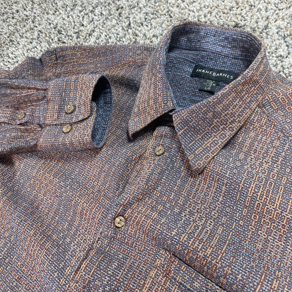 Jhane Barnes Men's L Silk Blend Geometric Jacquard Long Sleeve Button Up Shirt